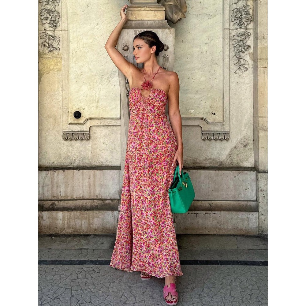 Commense Floral Maxi Dress Halter Open Back Tie Straps Pink Summer Dress - Picture 2 of 4